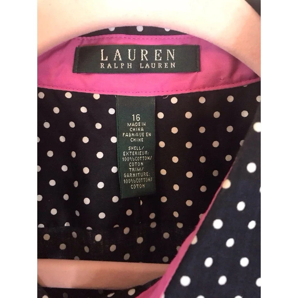 VTG Ralph Lauren Blouse Top Polka Black White‎ Dot 3/4 Sleeve Retro Preppy Sz 16